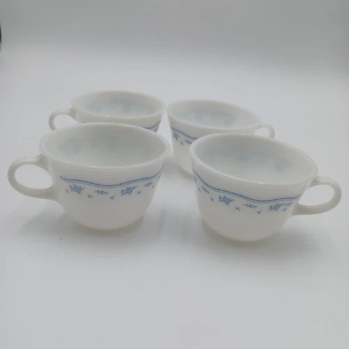 Vintage 4 Corning Ware Milk Glass Blue Country Cottage Floral Small Coffee Cups