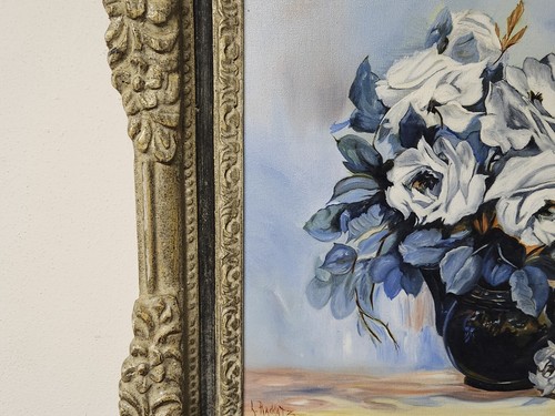Pintura al óleo flores en florero lienzo enmarcado 24 x 28 bodegón firmado Raddatz - Imagen 11 de 24