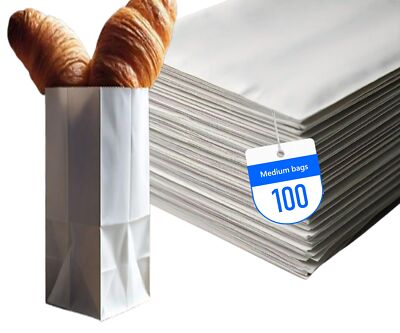 100-Pack 8LB White Paper Bags 6.1 x 4.1 x 12.4 inch for Lunch Takeout Orders