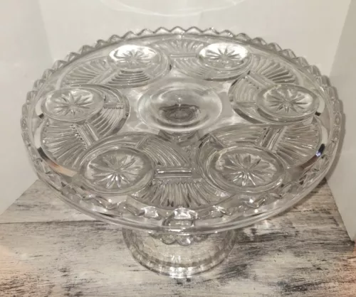 Antique Cake Stand US Glass Clear Circles Horn of Plenty EAPG 1892 footed 9 3/8"