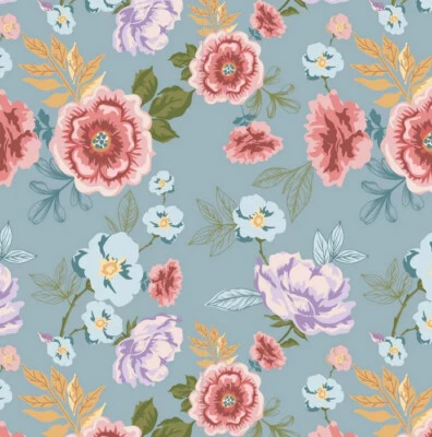 Nature Sings Rose Garden Blue 24122 Floral Fabric Poppie Cotton by Half Yard
