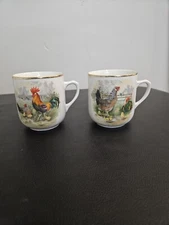 VINTAGE  HASSENPFLUG ROOSTER  PORCELAIN MUGS SET OF 2  c1950