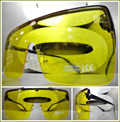 Oversized Modern Retro Shield Party Raver DJ SUN GLASSES Black Frame Yellow Lens