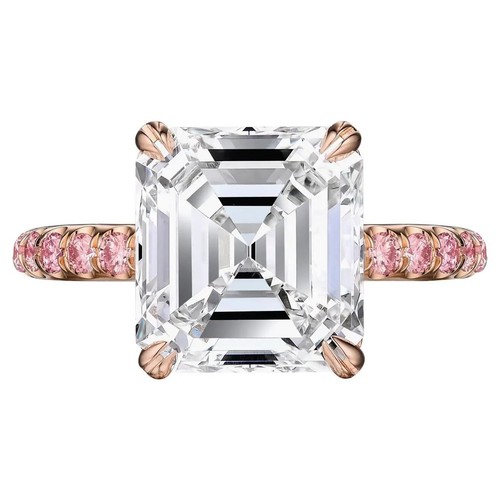 3ct Square Emerald cut Lab Grown Diamond Ring, Pink diamonds in 14K Pink Gold - Picture 2 of 4