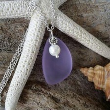 Handmade in Hawaii, Purple sea glass necklace, Fresh water pearl , gift box,