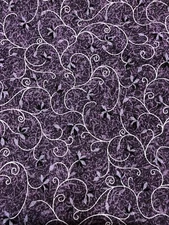 White Swirling Vines On Deep Purple fabric Quilt Craft By The Yard