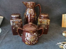 Set of 4 Vintage Japanese Glazed Redware Tableware Pottery - Hand Painted