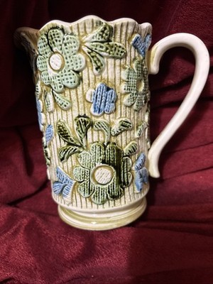 Vintage Inarco? Japan Juice Pitcher Ceramic Embossed Blue Green Daisy 3846 MCM