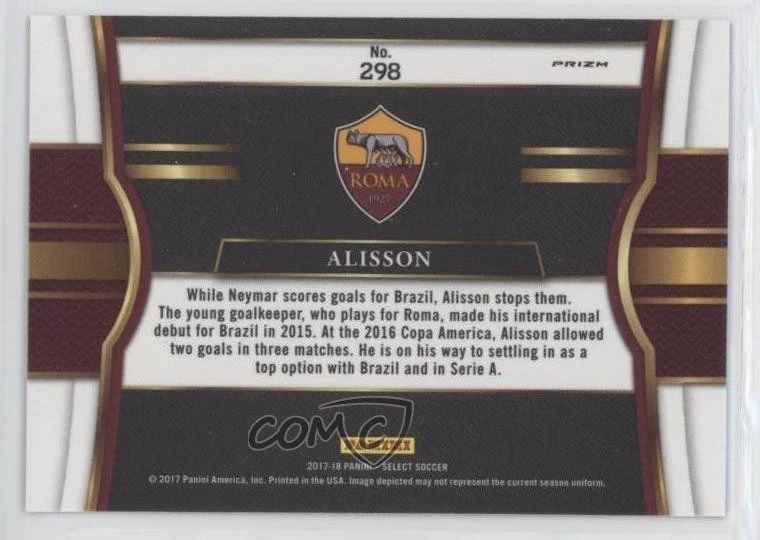 2017 Panini Select Field Level Checkerboard Prizm Alisson Becker #298 Rookie RC - Image 2 of 2