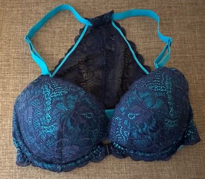 Victoria's Secret PINK Date Push-Up Bra Size 32DD Front Hook Racerback Blue Lace