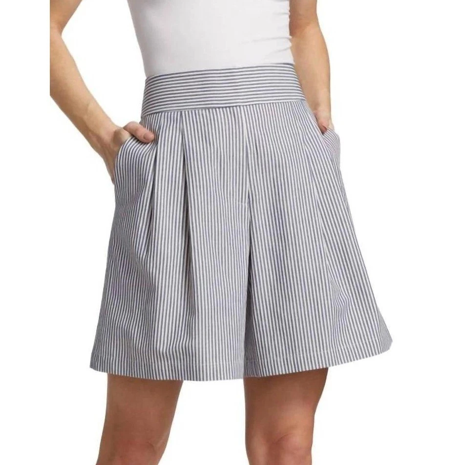 Lafayette 148 New York Striped Pleated Shorts Size 6 Blue Linen Blend Coastal