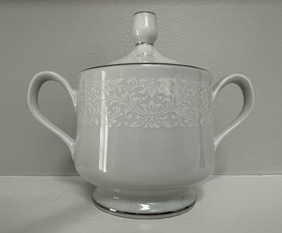 Empress Porcelain Sugar Bowl w/ Lid & Handles White Floral Silver Rim