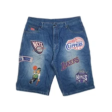 Vintage NBA Unk Denim Shorts Basketball Embroidered Patches Lakers Celtics Sz 40