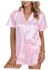 Women's Satin Pajamas Set 2 Piece Button Down Silk Ruffle Shorts Medium Pink