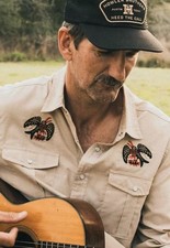 HOWLER BROS Gaucho Pearl Snap Shirt Embroidered Frigate Bird  Fish sz XL, beige