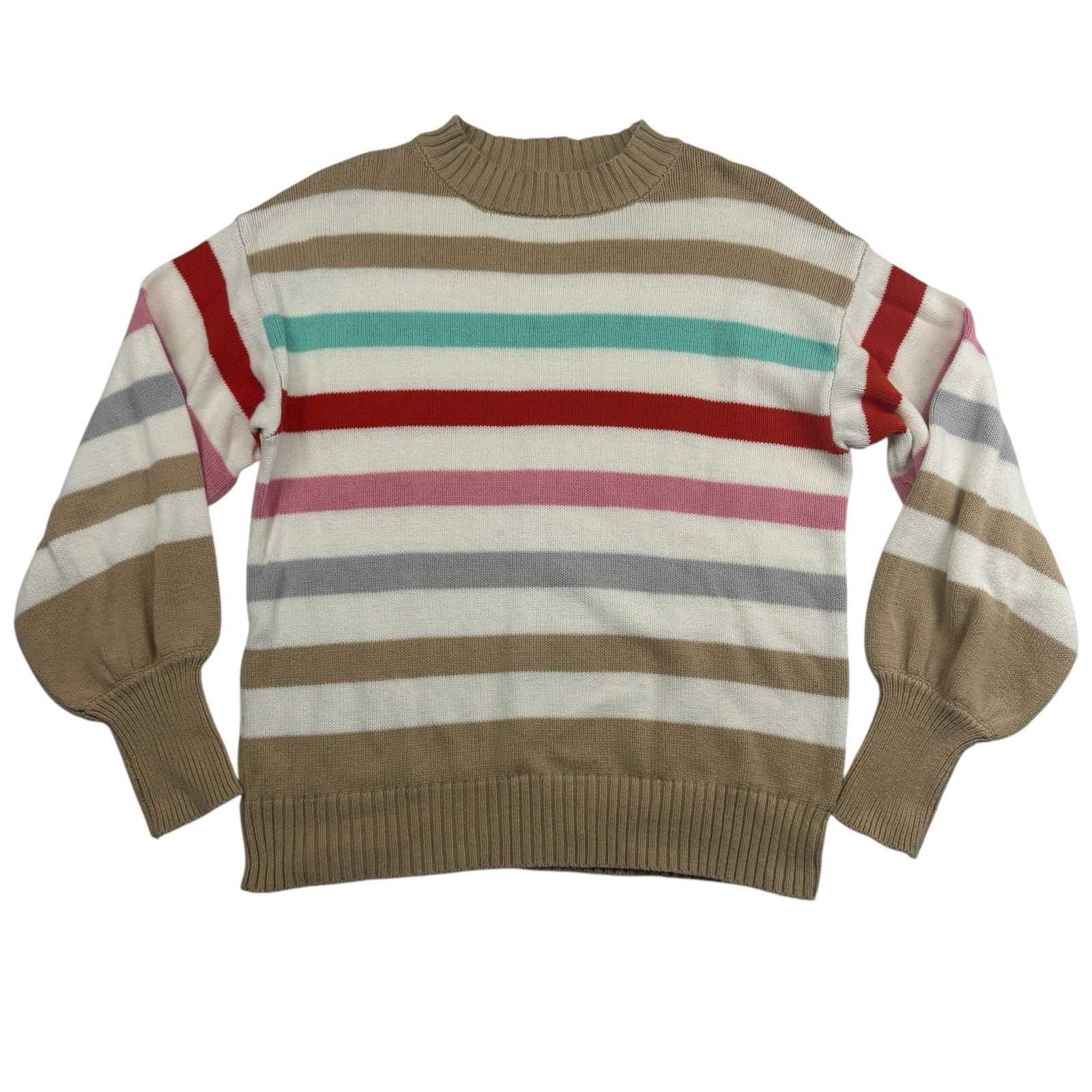 Crown & Ivy Striped Cable Knit Sweater Cotton Acrylic Blend Sz M Balloon Sleeve