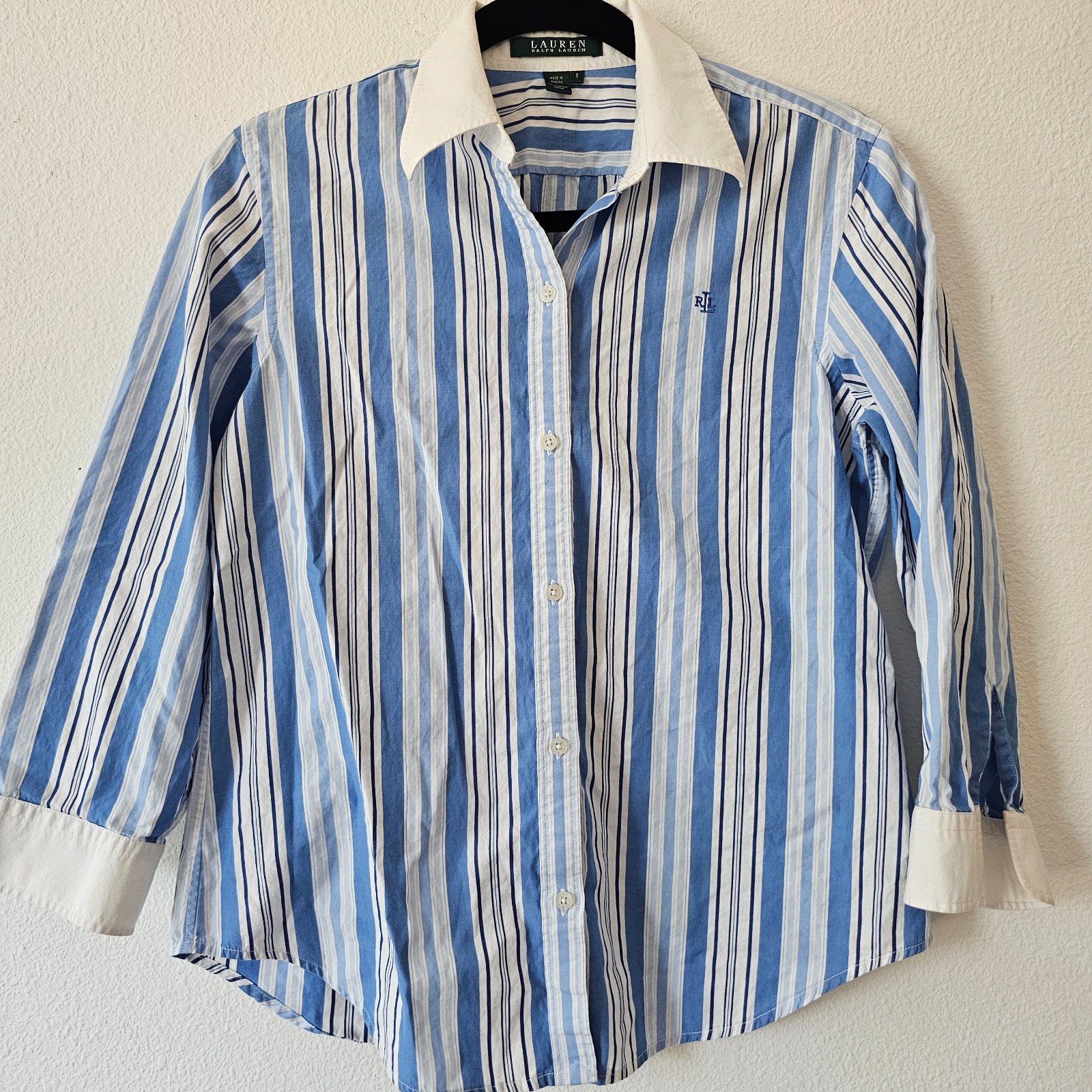 Lauren Ralph Lauren Womens S Blue Stripe Cotton Shirt Long Sleeve Classic Preppy