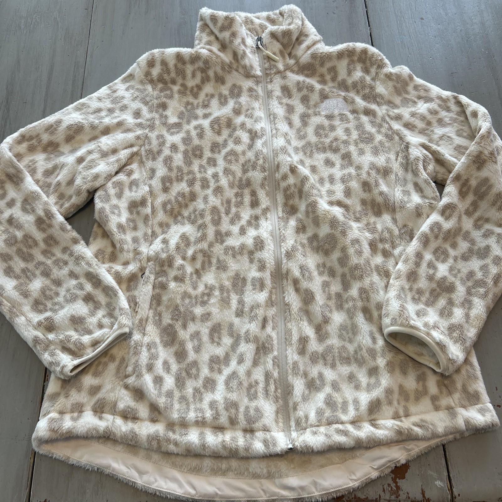 The North Face Cream Tan Leopard Print Osito Fleece Full Zip Women's Sz L