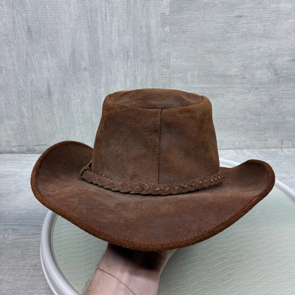 复古 Minnetonka The Outback 帽子大号牛仔棕色麂皮绒皮革绳子细节 — 第 3/4 张图片