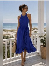 Eliza J Womens Size 6 Royal Cobalt Blue Cotton Blend Faux Wrap Ruffle Dress