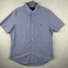 Polo Ralph Lauren Shirt Men L Short Sleeve Button Down Pink Blue Striped Preppy