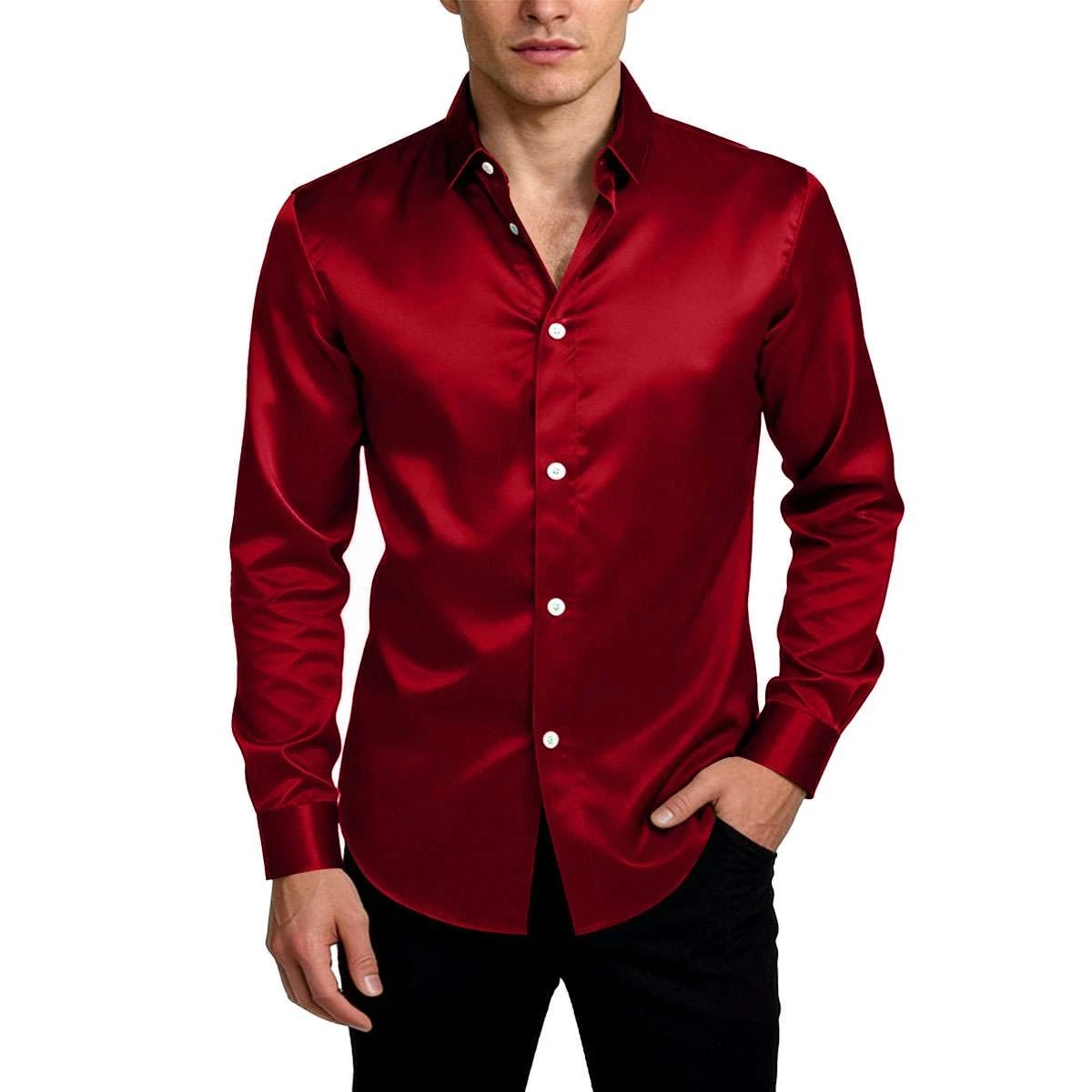 fitted lace wedding dress Men's Regular Fit Shiny Satin Dress Shirt, Tie & Pocket Square Set in Corral 17 36/37 / Coral