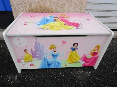 COFFRE A JOUETS DISNEY, EN BOIS DECOR PRINCESSE, DECOR PEINT, BLANC - Photo 1/4