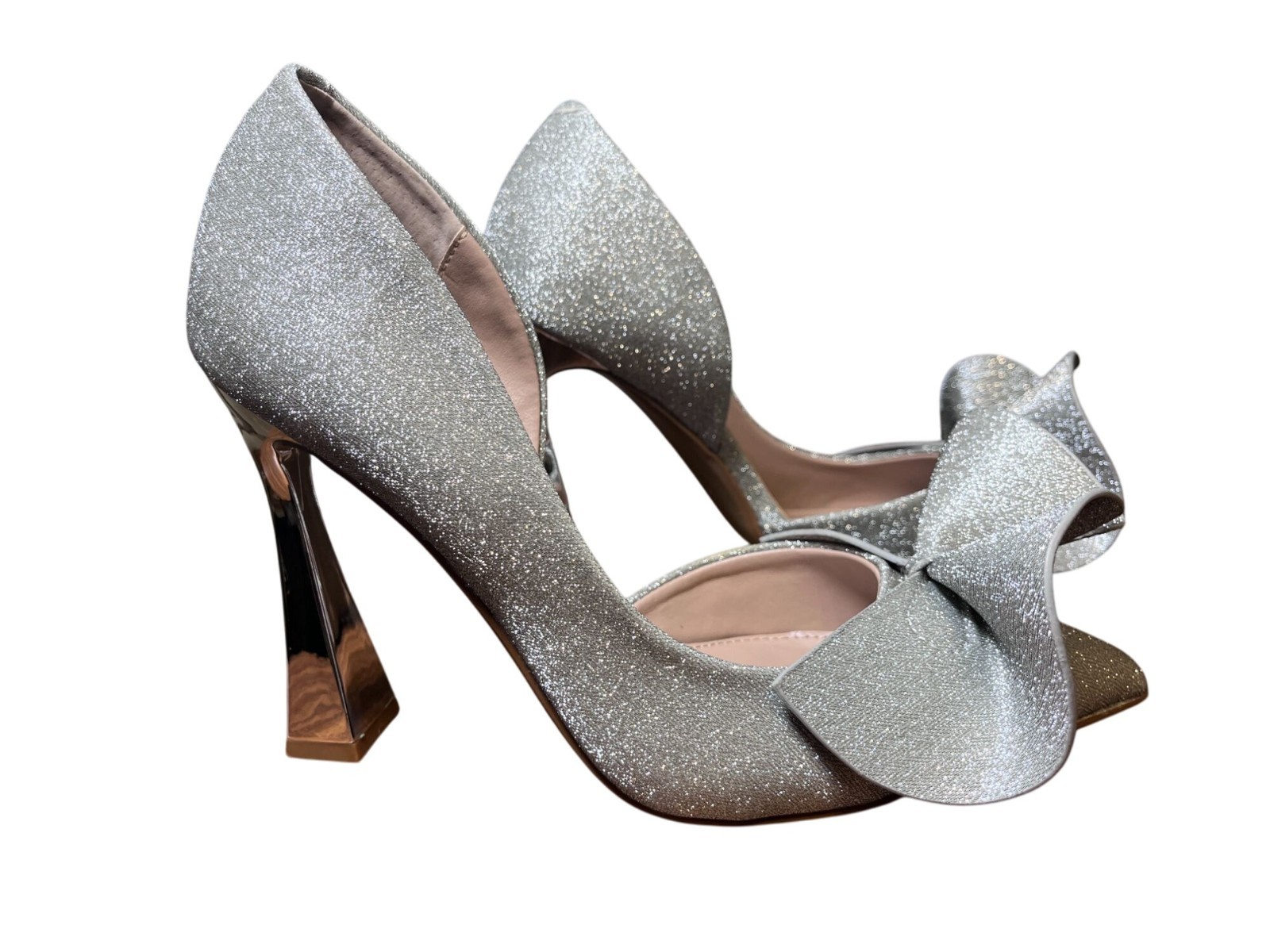 Betsy Johnson Metallic Glitter Heel 7.5M Silver Bow Glam Wedding Shiny Vegas 90s