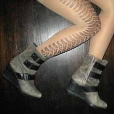 Tan Distressed Ankle Wedge Booties Black Buckle Straps Moto Heels