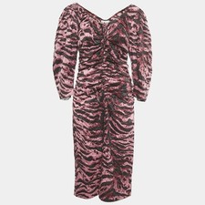 Ganni Pink Black Zebra Print Crepe Ruched Midi Dress L