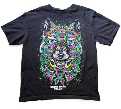 Costa Maya Village Mexico Native Colorful Wolves T Shirt L Black Short Sleeve