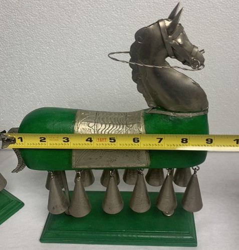 2 Green Vintage Trojan Horse Metal Art Wood Sculpture Statues 12"x 9.25in - Picture 5 of 12