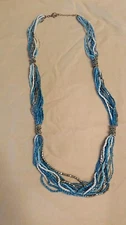 Blue, White, And Silver Beaded Layered Necklace