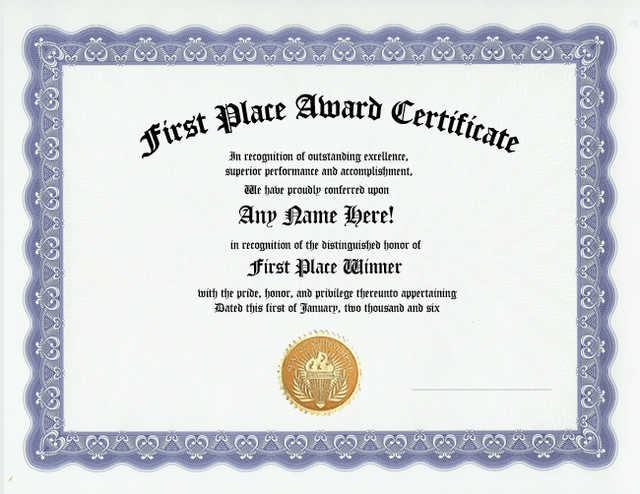 first place award recognition winner certificate customized