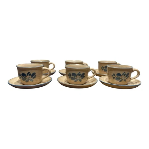 Pfaltzgraff Folk Art Cup With Saucer Vintage Blue Tan Stoneware Set Of 6
