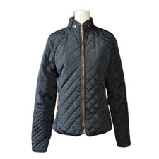 Ci Sono Navy Quilted Puffer Jacket Size Small Preppy Winter Elbow Patches Zip Up