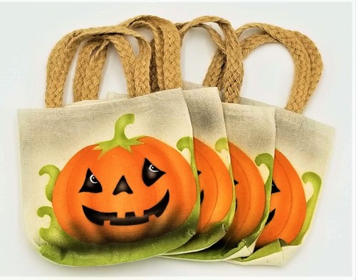 Handmade Mini Canvas Carved Pumpkin Halloween Tote Treat Gift Bag (Lot of 4)