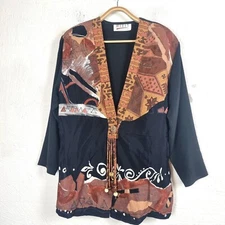 Vintage MIXIT COORDINATES Womens Jacket Top Size 12 Black/Brown Tribal Print 