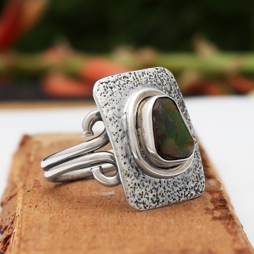 Handmade 925 Sterling Silver Natural Ammolite Ring Christmas Gift - Picture 2 of 6