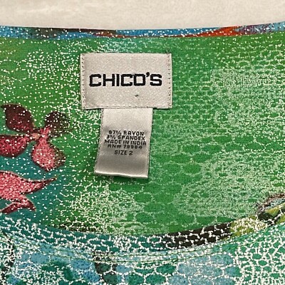 Chico's Womens Size 2 Green Multicolor Floral Jacquard T-Shirt Top