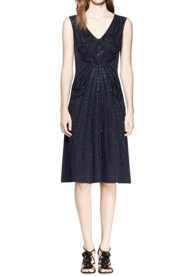 Abito TORY BURCH 'MERIS' SENZA MANICHE CON PERLINE blu navy TAGLIA S $995 splendido boho