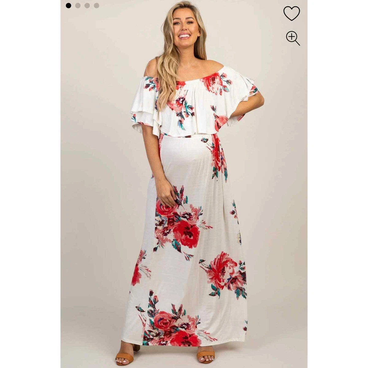 PinkBlush Ivory Floral Off Shoulder Maternity Maxi Dress White Red