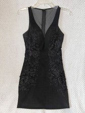 Women's WINDSOR Black Fitted Bodycon Tank Floral Appliqués Mesh Dress Small EUC