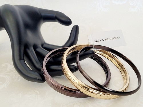 Dana Buchman Trio Gold Braun Schwarz Gehämmert Armreif Armband Set passt Größe 7" Handgelenk