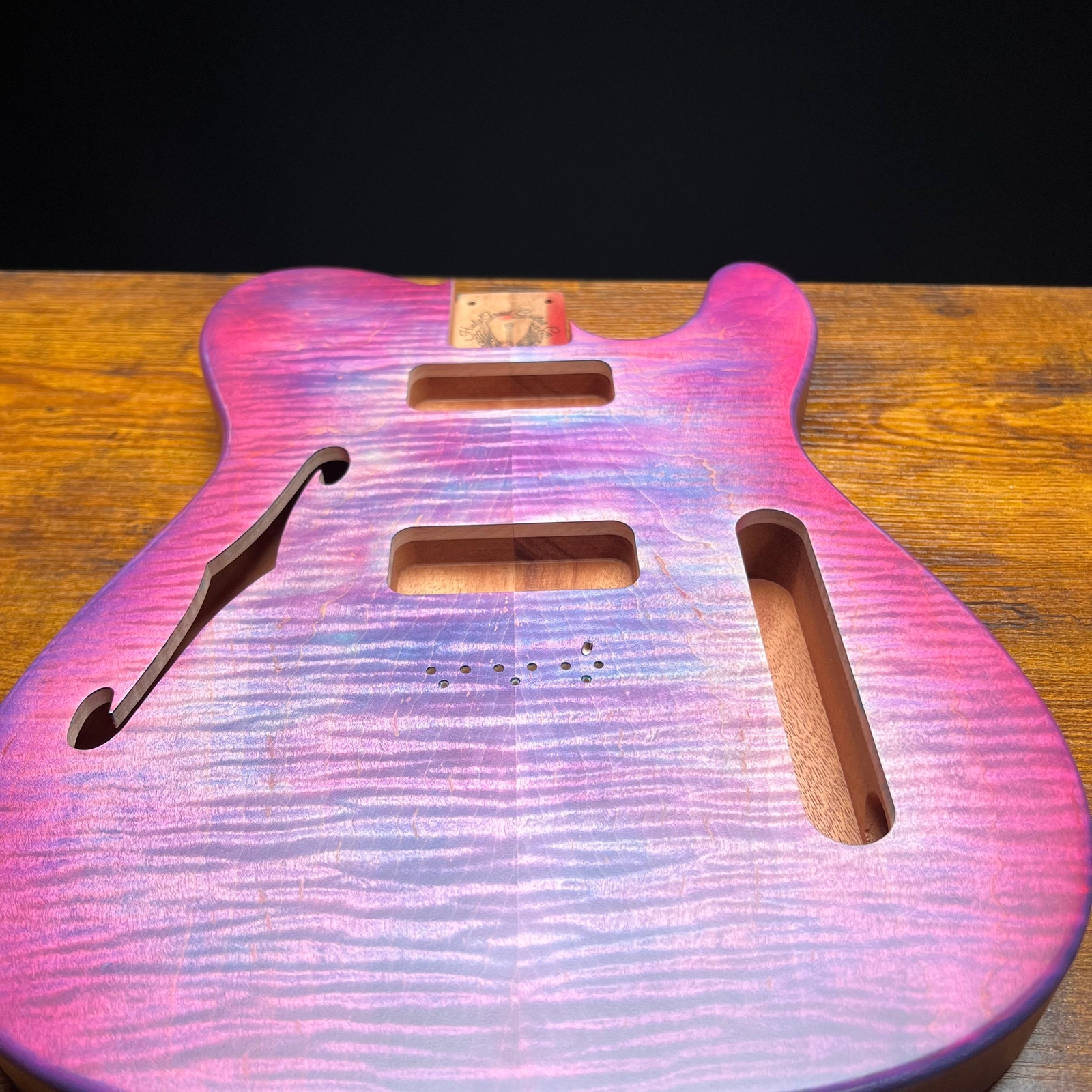 Holy Grail Guitars Tele Style Guitar Body “Purple Flames”Flamed Maple p90