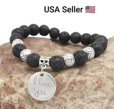 New Black Volcanic Lava Stone Tiger Eye 10mm Love you pendant Beaded bracelet