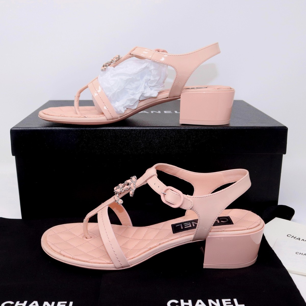 Chanel 37.5 T Strap Thong Sandals Light Pink 23C Chain CC | eBay Chanel 37.5 T Strap Thong Sandals Light Pink 23C Chain CC | eBay