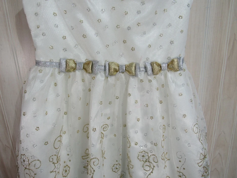 Платье для девочек Jona Michelle размер 6 цвет слоновой кости серебро золото блестящая сетка искусственный мех - Изображение 4 из 4
