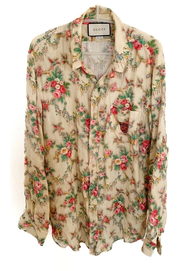 Gucci Alessandro Michele Flora Flower Linen Long Sleeve Shirt Mens