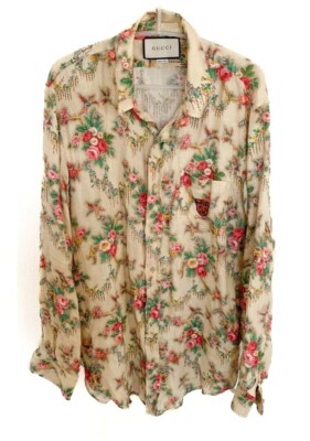 Gucci Alessandro Michele Flora Flower Linen Long Sleeve Shirt Mens